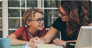 Kid and mom learning together at home